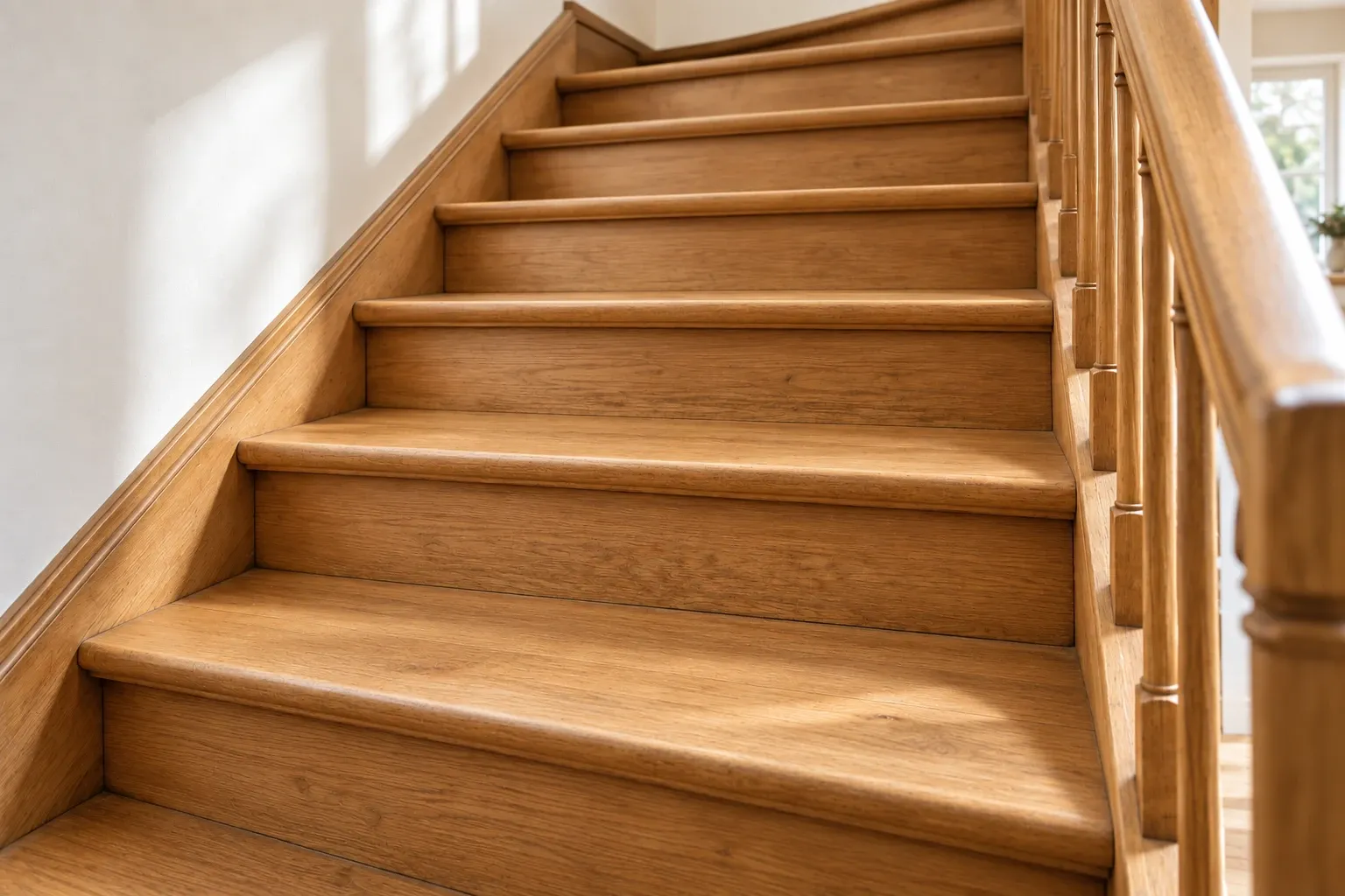 Dieselbe Treppe nach der Renovierung, geölte Eichenstufen