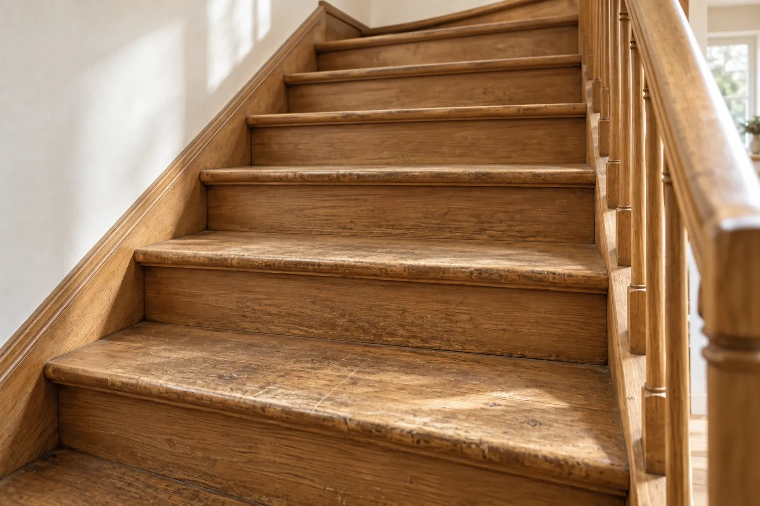 Holztreppe vor der Renovierung, Lack abgenutzt
