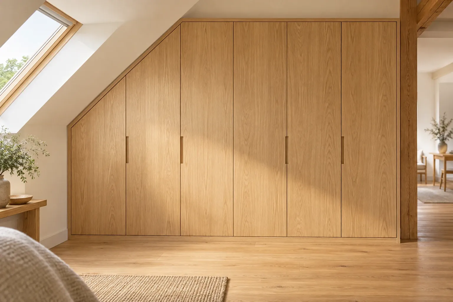 Eingebauter Schrank aus hellem Holz unter einer Dachschräge