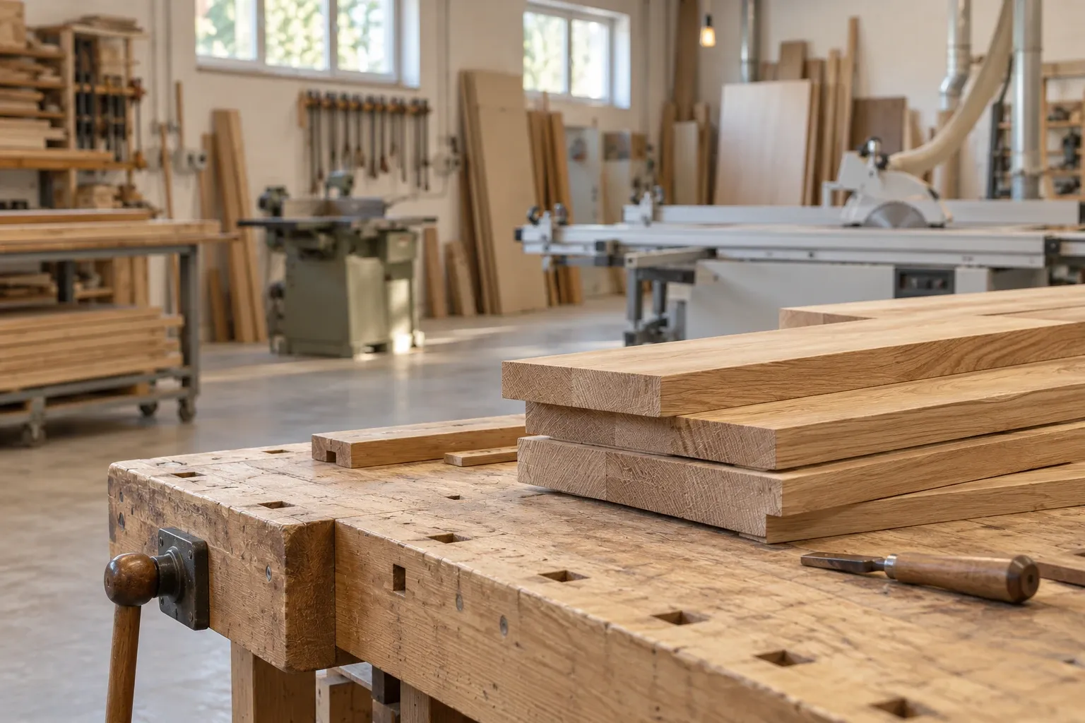 Werkstatt mit Hobelbank, Holzstapel und Maschinen im Tageslicht